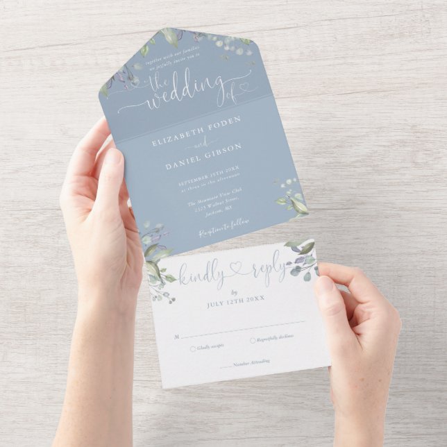 Floral Greenery Script Hearts Dusty Blue Wedding All In One Invitation (Tearaway)