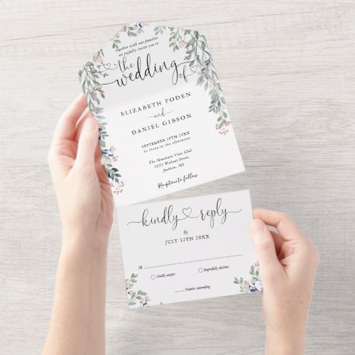 Floral Greenery Script Hearts Minimalist Wedding All In One Invitation