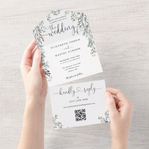 Floral Greenery Script Hearts QR Code Wedding All In One Invitation