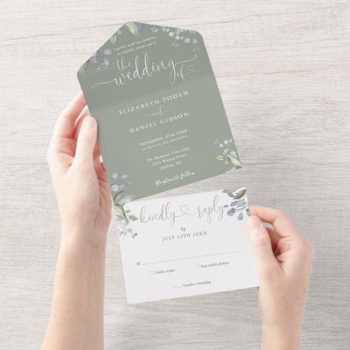 Floral Greenery Script Hearts Sage Green Wedding All In One Invitation