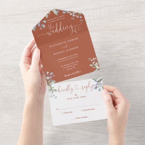Floral Greenery Script Hearts Terracotta Wedding All In One Invitation