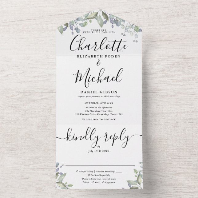 Floral Greenery Script Monogram Wedding  All In One Invitation (Inside)