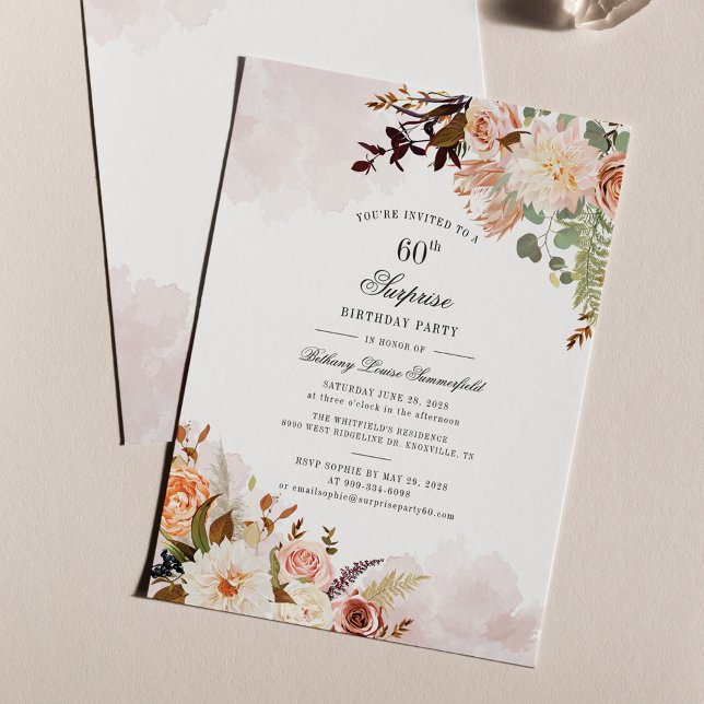 Floral Greenery Sixty 60th Birthday Surprise Party Invitation (Creator Uploaded)