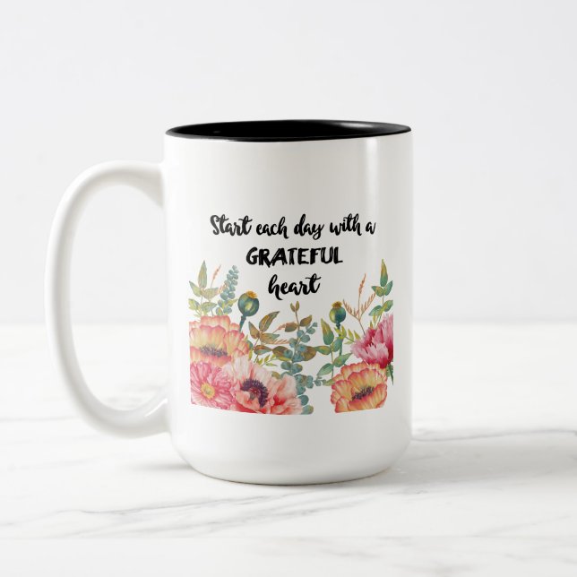 Floral Greenery Start Each Day with Grateful Heart Two-Tone Coffee Mug (Left)