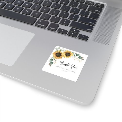 Floral Greenery Sunflower Bloom Wedding Thank You Square Sticker