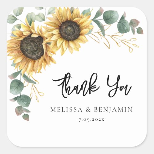 Floral Greenery Sunflower Bloom Wedding Thank You Square Sticker