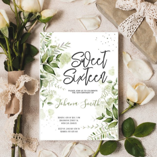 Floral Greenery Sweet Sixteen Birthday Invitation (Creator Uploaded)