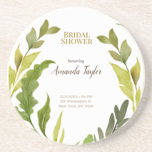 Floral Greenery Watercolor Elegant Bridal Shower Coaster