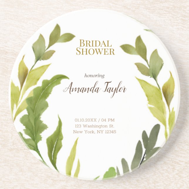 Floral Greenery Watercolor Elegant Bridal Shower Coaster (Front)