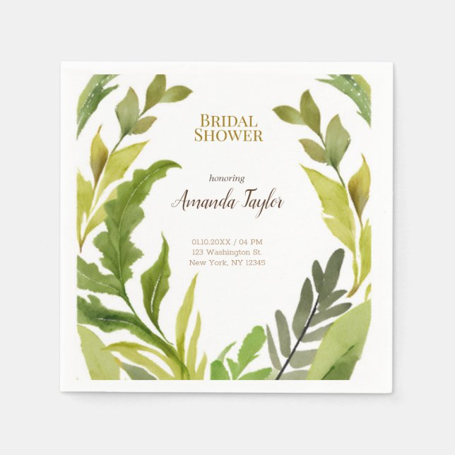 Floral Greenery Watercolor Elegant Bridal Shower Napkins (Front)