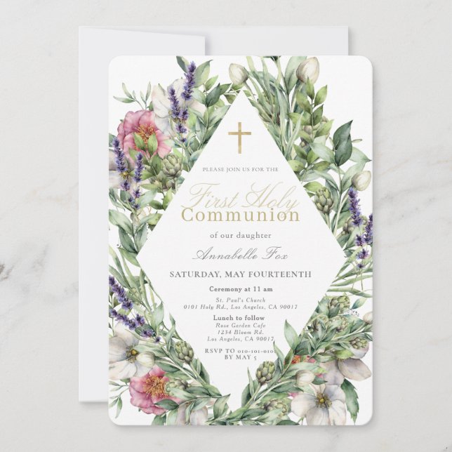 Floral Greenery Watercolor First Holy Communion Invitation (Front)