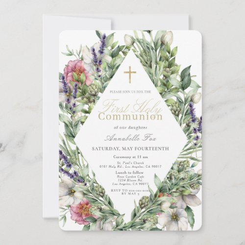 Floral Greenery Watercolor First Holy Communion Invitation