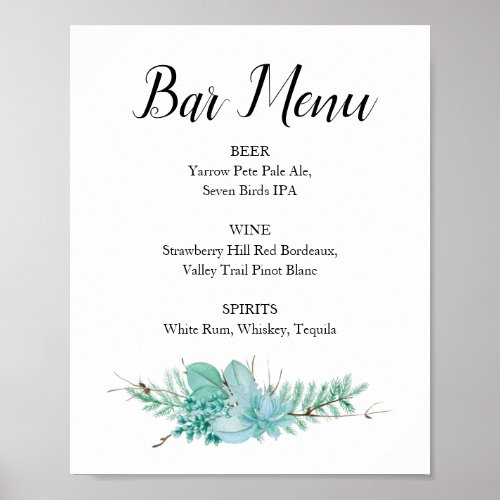 Floral Greenery Wedding Bar Menu Drink Sign