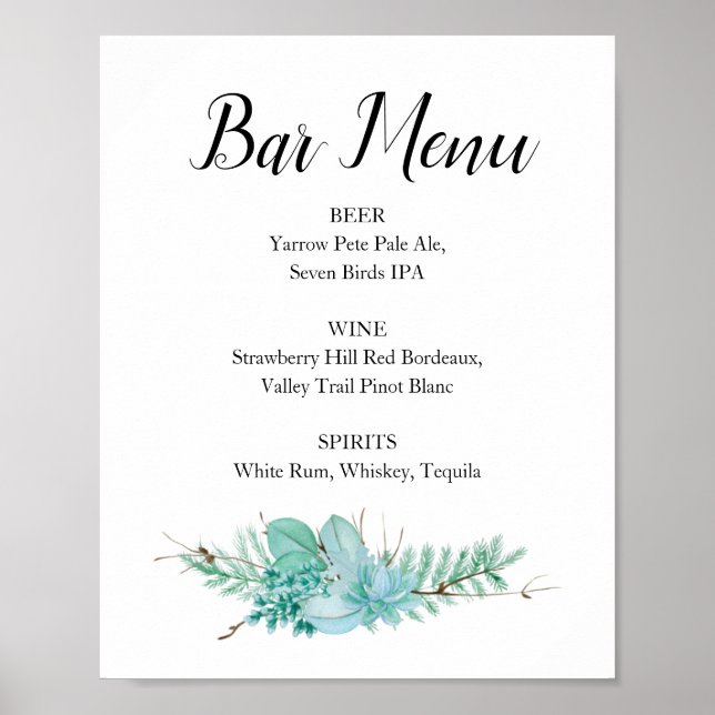 Floral Greenery Wedding Bar Menu Drink Sign (Front)