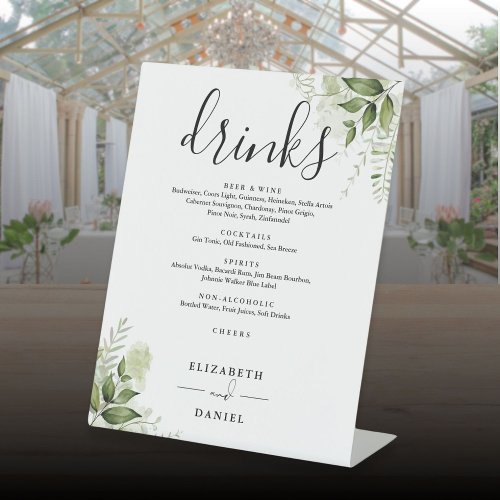 Floral Greenery Wedding Drinks Menu Pedestal Sign