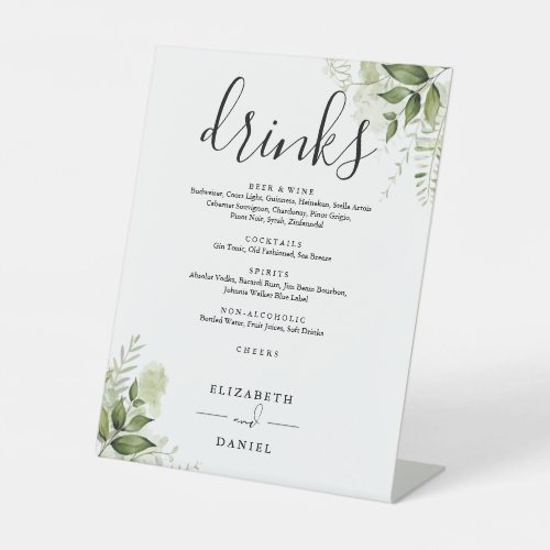 Floral Greenery Wedding Drinks Menu Pedestal Sign