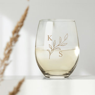 Floral Greenery Wedding Monogram Minimalist Stemless Wine Glass
