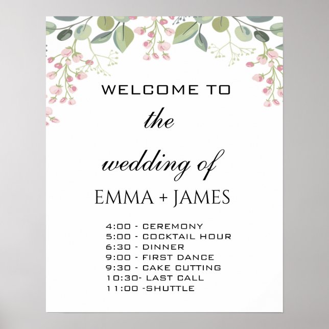 Floral Greenery Wedding Order Of Events Poster (Front)