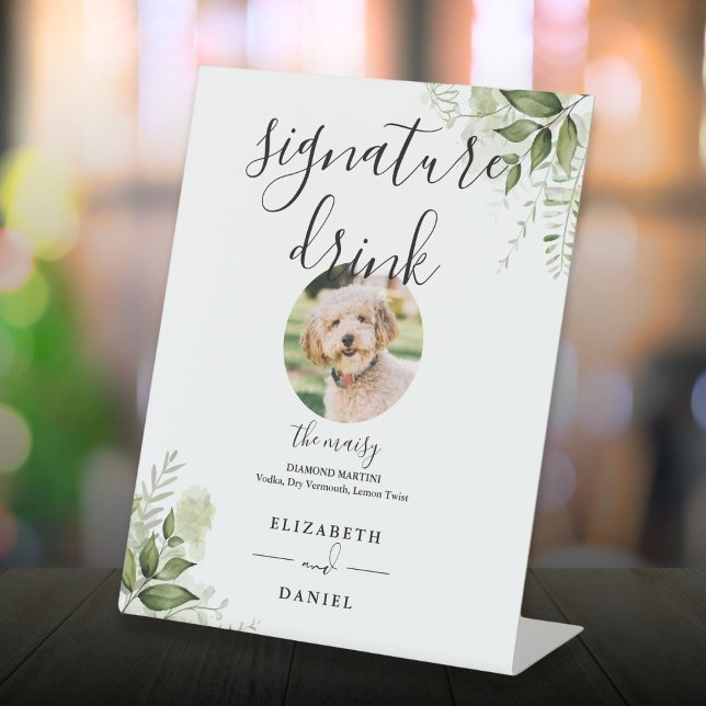 Floral Greenery Wedding Pet Signature Drink Pedestal Sign (Floral Greenery Wedding Pet Signature Drink Pedestal Sign)