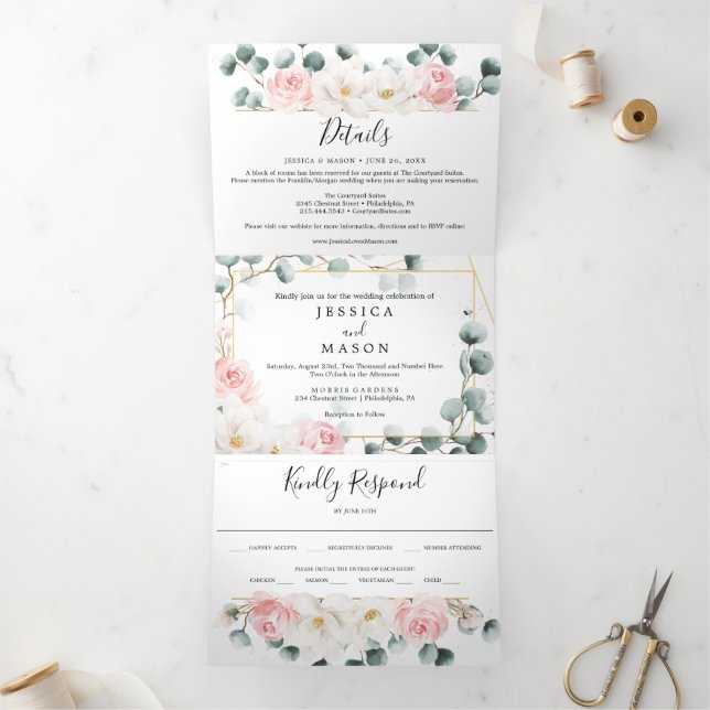 Floral Greenery Wedding Tri-Fold Invitations (Inside)