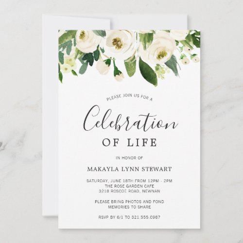 Floral Greenery White Roses Celebration of Life Invitation