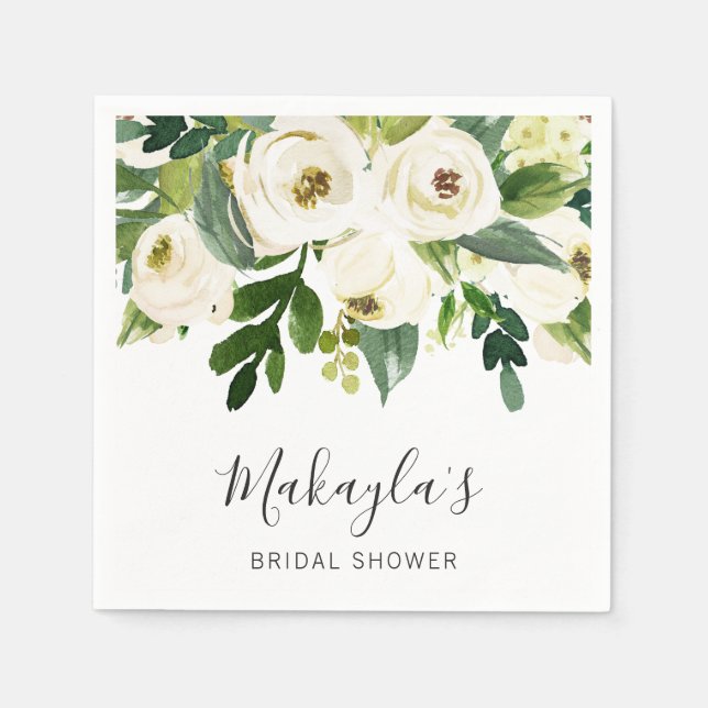 Floral Greenery White Roses Elegant Bridal Shower Napkins (Front)