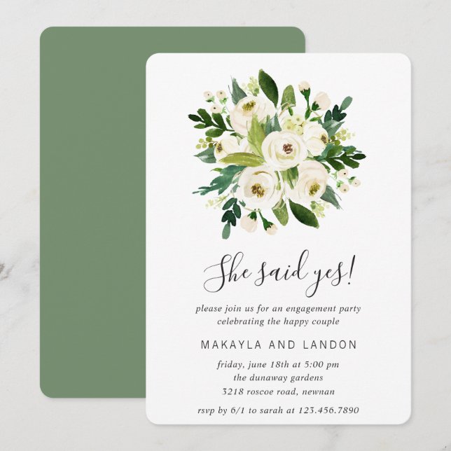 Floral Greenery White Roses Engagement Party Invitation (Front/Back)