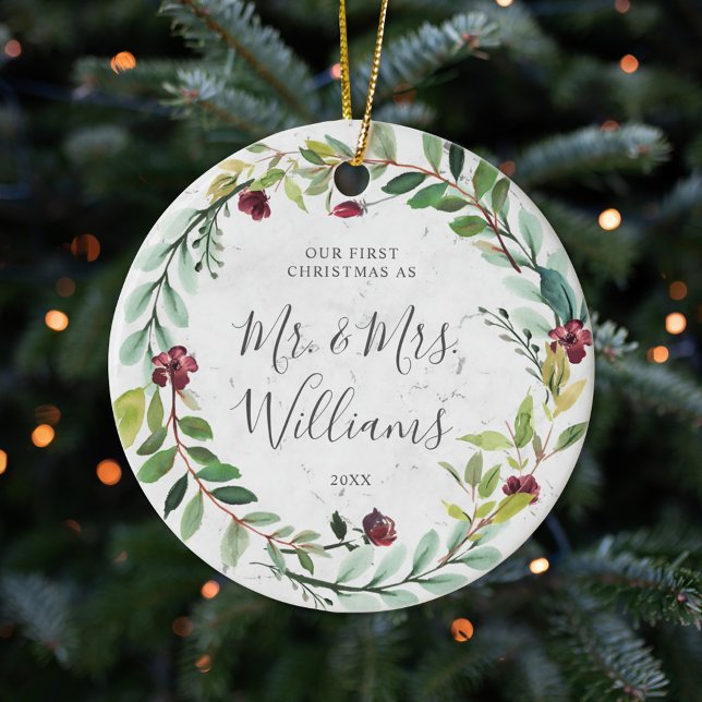 Floral Greenery Wreath Marble Our First Christmas Ceramic Ornament (Creator Uploaded)