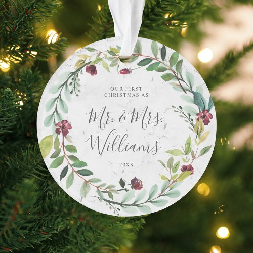 Floral Greenery Wreath Marble Our First Christmas Ornament