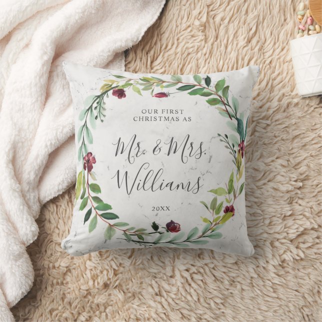 Floral Greenery Wreath Marble Our First Christmas Throw Pillow (Blanket)