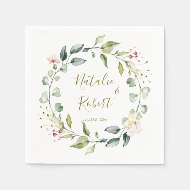 Floral greenery wreath Wedding Napkins (Front)