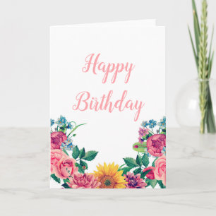 Floral greeting card. Pink flowers happy birthday Card