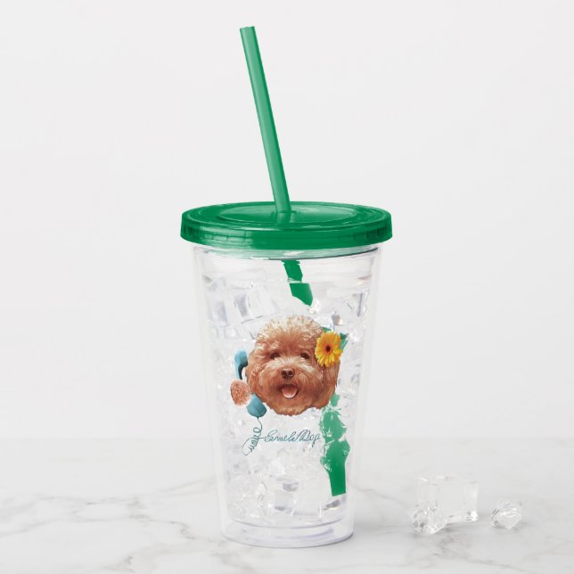 Floral Greeting: Smiling Toy Poodle Selfie Art Acrylic Tumbler (Front Ice)