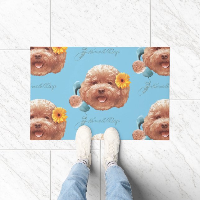 Floral Greeting: Smiling Toy Poodle Selfie Art Doormat (Indoor)