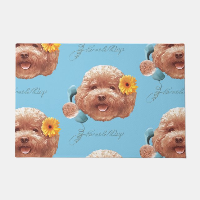 Floral Greeting: Smiling Toy Poodle Selfie Art Doormat (Front)