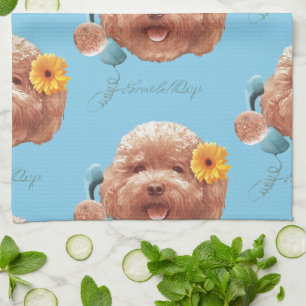 Floral Greeting: Smiling Toy Poodle Selfie Art Kitchen Towel