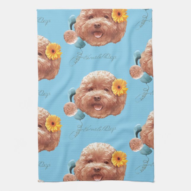 Floral Greeting: Smiling Toy Poodle Selfie Art Kitchen Towel (Vertical)