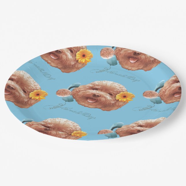 Floral Greeting: Smiling Toy Poodle Selfie Art Paper Plates (Angled)
