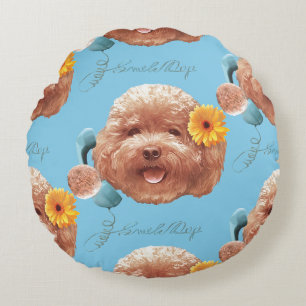 Floral Greeting: Smiling Toy Poodle Selfie Art Round Pillow
