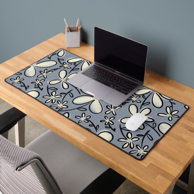 Floral Grey and Cream flower pattern Desk Mat (Office 2)