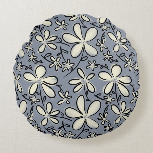 Floral Grey and Cream flower pattern Round Pillow (Front)