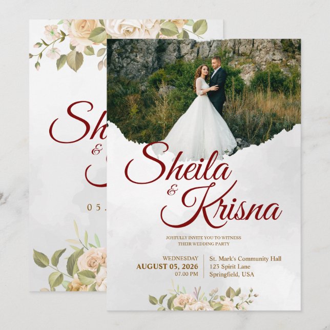 Floral Grey Maroon Elegance Wedding with Photo Invitation (Front/Back)