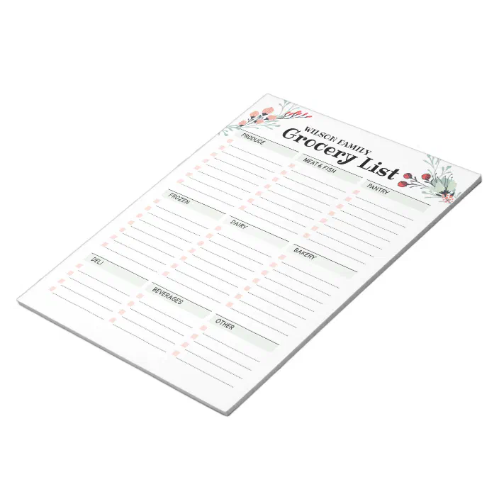 Grocery list, To do List Classic Notepad Personalized Notepad Floral