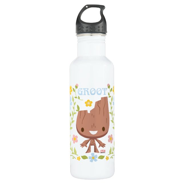 Floral Groot Graphic Stainless Steel Water Bottle (Front)