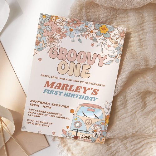 Floral Groovy One Retro 1st Birthday Party Invitation