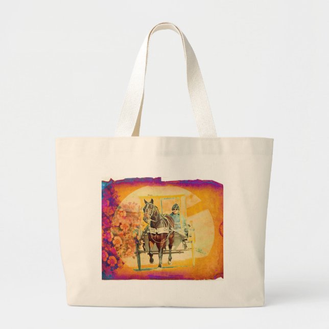 Floral Grunge Amish Horse and Buggy Large Tote Bag (Front)