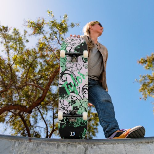 Floral Grunge in Black and Teal Dd Brand  Skateboard