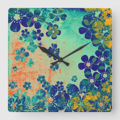 Floral grunge pattern square wall clock