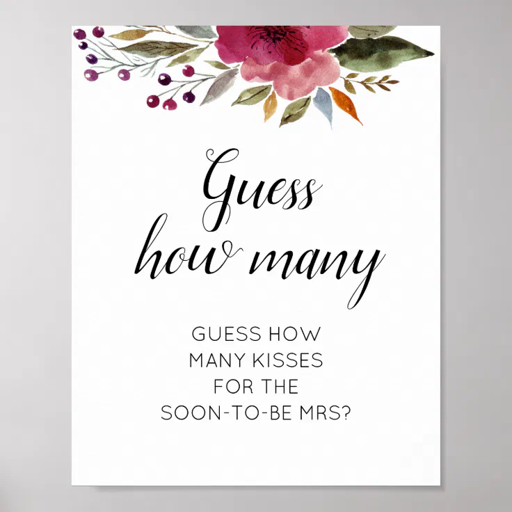 Floral Guess How Many Kisses Bridal Shower Game Poster Zazzle