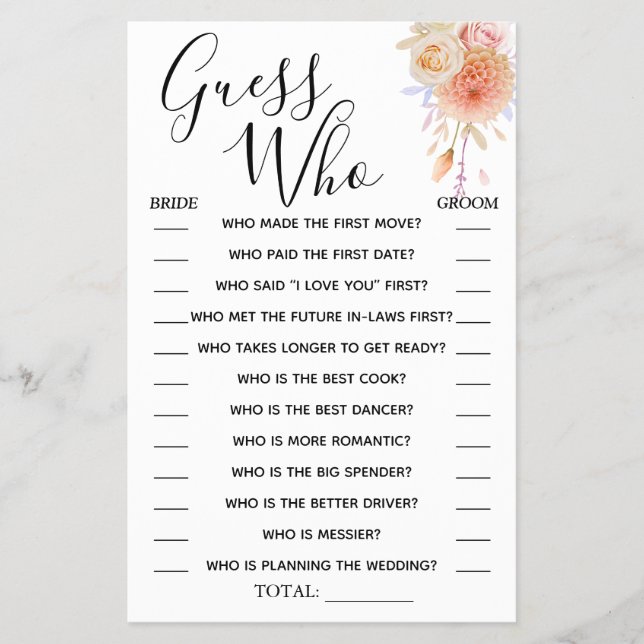 Floral Guess Who Bridal shower game card Flyer (Front)